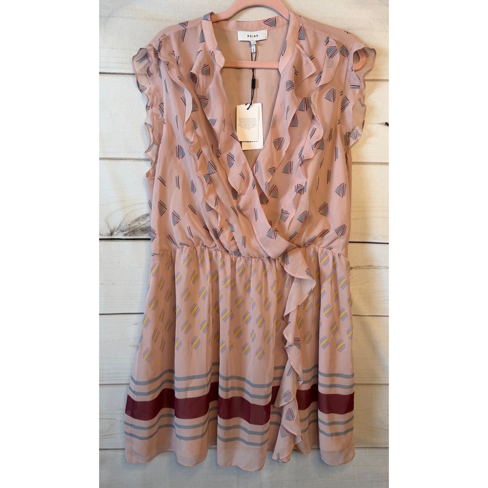 Reiss Pink Geometric Print Ruffle Wrap Mini Dress Sleeveless Size USA 14 NEW